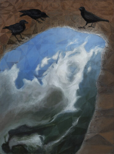 Crows and sidewalk puddle with cloud reflection - 24 x 18 - 850 72